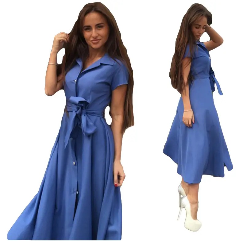 6 Farbe S-XXL Einreiher Kurzarm Frauen Swing Kleid Sommerkleid ung Lässig Langes Hemd Kleider Damen OL Style Office Wear