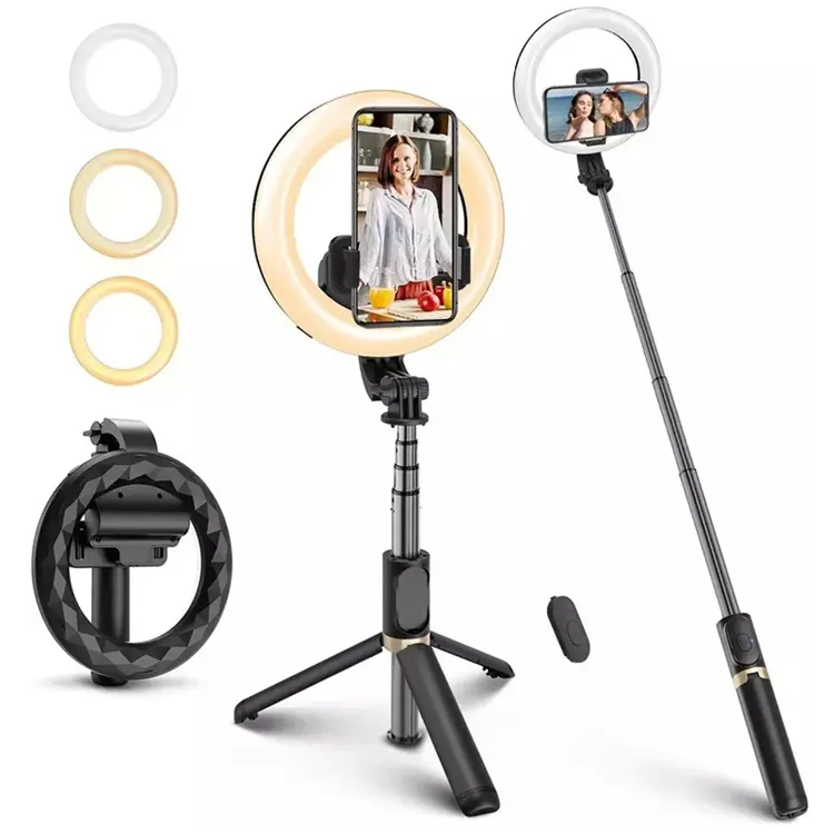 Multifunction Q07 Selfie Stick with Wireless Bluetooth Remote Live Stream Makeup Photography Ring Fill Light Selfie Stick Tripod