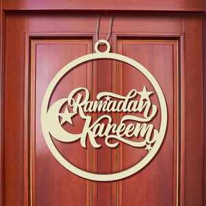 <b>Muslim</b> Home Round Al Fitr Hollow Wood Hanging Eid Mubarak Decoration Wooden Ramadan Kareem Door Sign - Product Image 1