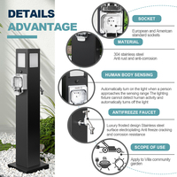 Poteau de parc en acier inoxydable 304 IP66 avec socle combiné eau-électricité |   Prise de courant 50A simple + Robinet anti-gel + Détecteur de mouvement PIR