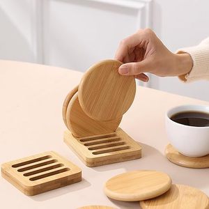 Juego de posavasos de bambú, 4 piezas, redondos, de madera maciza, con aislamiento térmico y soporte de almacenamiento para té y bebidas - Product Image 4