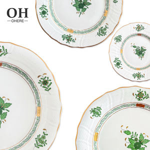 Juego de platos de cena Ohere Luxury Gold Rim Bone China con calcomanía de flor verde <span class=keywords><strong>vajilla</strong></span> de boda al por mayor - Product Image 6