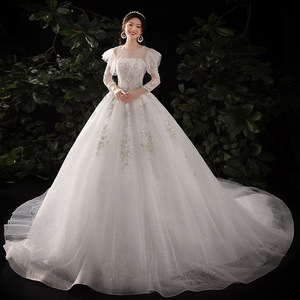 Lace Train Lightweight Wedding Dress High Waist O Neck White Simple Elegant Bridal Gown for Petite Figures - Product Image 1