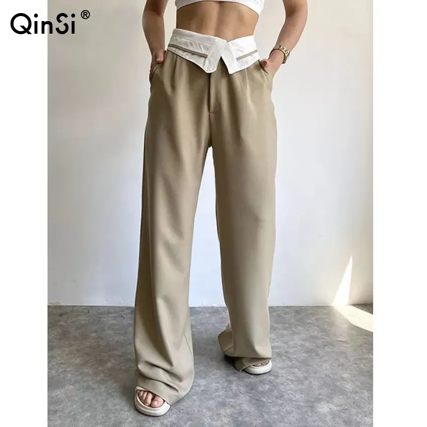 Bclout/QINSI Streetwear High Waist Loose Casual Design Baggy Soft Pants 2023 Summer Fashion Women Solid Simple Chic Long Trouser
