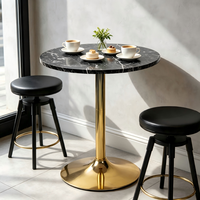 Table de bar moderne ronde en bois à grain marbré, base en métal plaqué or poli, table de salle à manger pour restaurant, îlot de cuisine