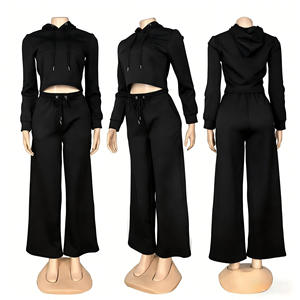 Conjunto Feminino Cropped Hoodie Plus Wide Leg Pants Solid Color Casual Style European American Look <b>Set</b> - Product Image 4