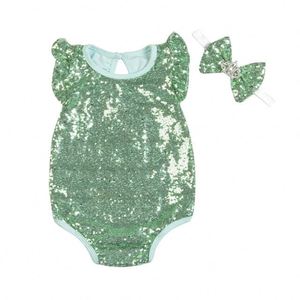 Ropa de Bebé para Recién Nacidos, Mono de Algodón de Color Sólido con Lentejuelas y Brillantina, con Diadema - Product Image 5