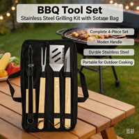 Ensemble de 4 outils de barbecue portables en acier inoxydable robuste avec manche en bois pour le camping en plein air