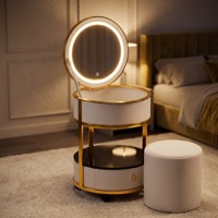Coiffeuse de chambre d'hôtel moderne avec miroir LED 3 couleurs, charge sans fil et tiroirs de rangement universels