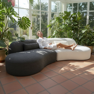 Canapé d'angle moderne incurvé trois places en tissu bouclé premium, rembourré en mousse haute densité, capitonné, emballé sous vide pour salon - Product Image 5