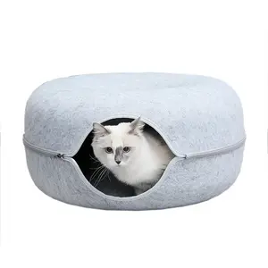 Toptan keçe Donut tünel kedi yuva dört sezon evrensel kedi mağaralar yarı kapalı çıkarılabilir fermuar kedi yatak