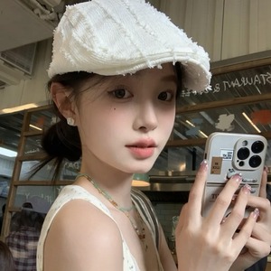 Béret rayé de couleur unie rétro japonais pour femmes, casquette de style artistique amincissante en toile pour le printemps et l'été - Product Image 1