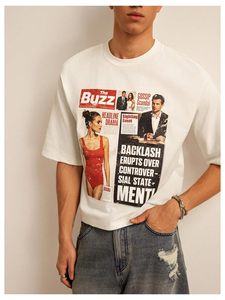 Camiseta Corta de Gran Tamaño con Estampado de Periódico y <span class=keywords><strong>Revista</strong></span> de los 90, Estilo Vintage, para Hombre y Mujer, de Algodón, con Hombros Caídos, Manga Corta, Estilo Urbano - Product Image 2