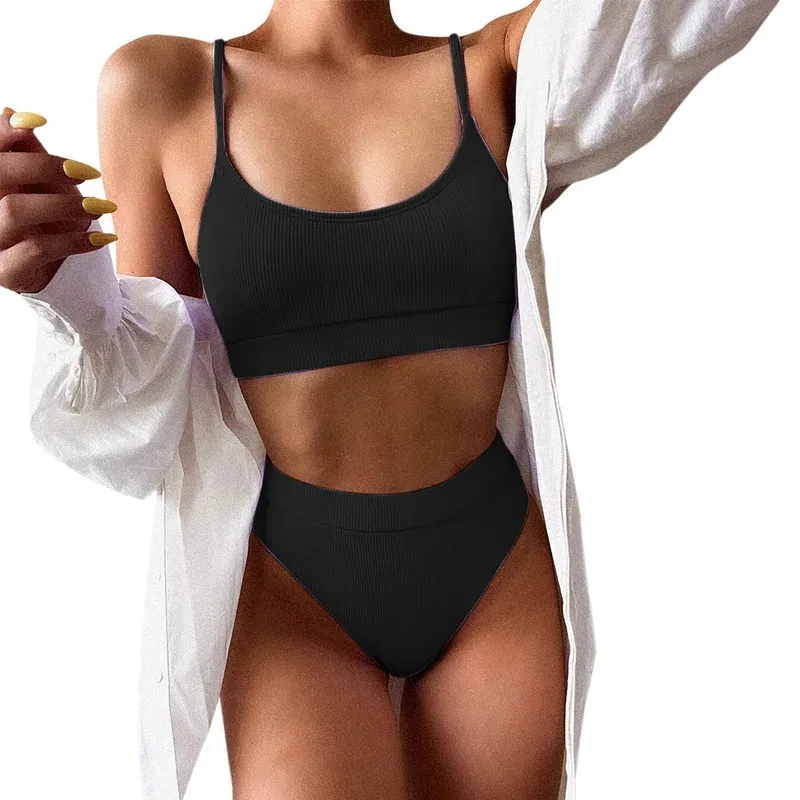 2024 traje de baño de mujer de dos piezas traje de baño sólido brasileño ropa de playa Sexy de cintura alta sin tirantes Boob Tube Top Bikini Set