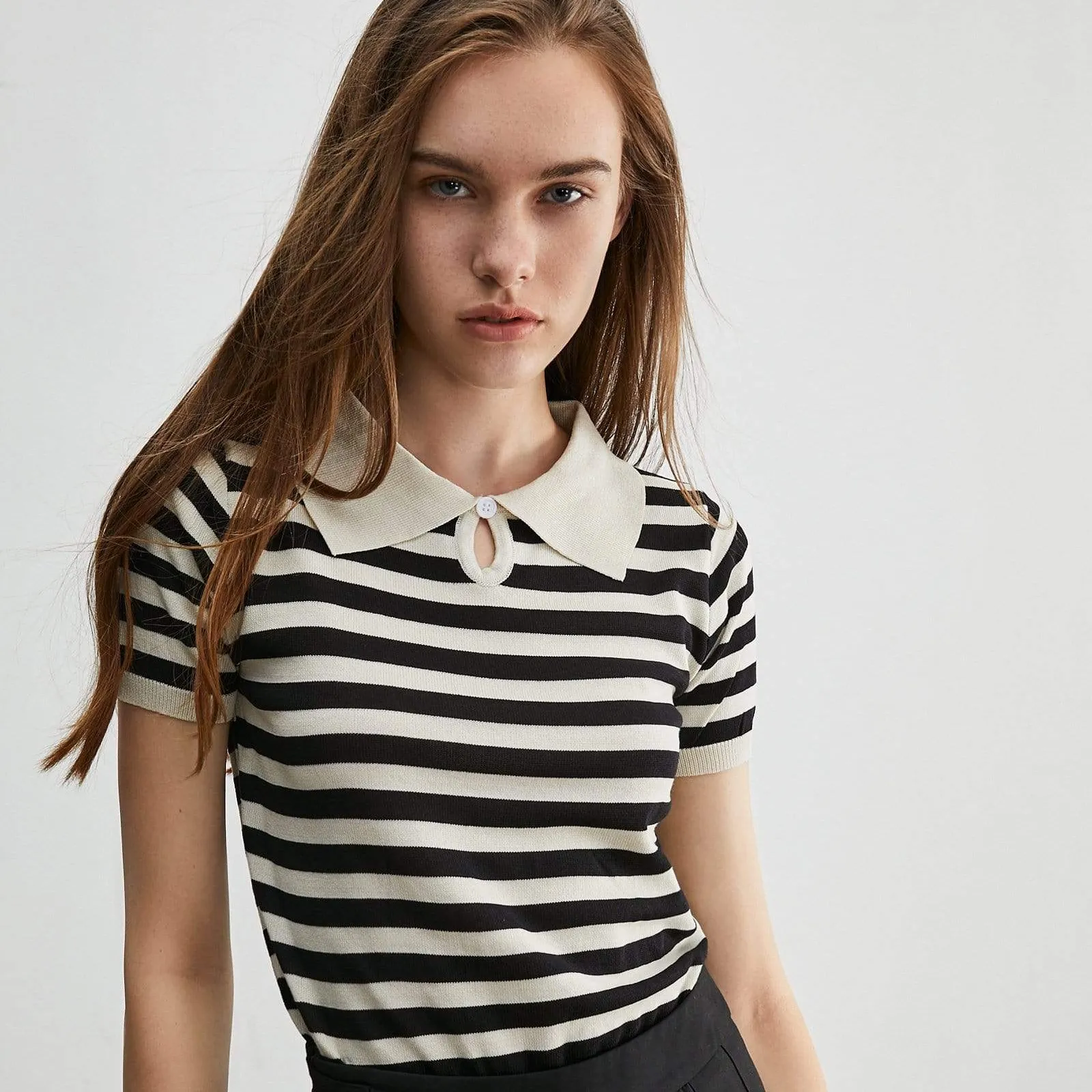 Customized Summer New Fashion Ladies Elegant Casual Classic Black Striped Collared T-Shirt Women's Knit Top