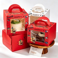 Boîte à gâteau d'anniversaire en carton imprimé avec fenêtre transparente en PET, poignée portable, pour pâtisserie, boulangerie, emballage cadeau de vacances, emballage de desserts