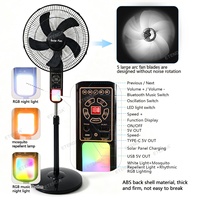 Ventilateur solaire multifonction 16 pouces sur pied avec musique Bluetooth, lumière RGB, répulsif anti-moustiques, batterie 18Ah et télécommande pour la maison