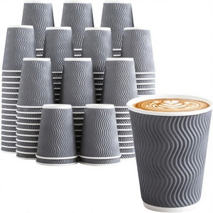 Gobelets en papier isothermes écologiques à paroi ondulée de 12 oz avec couvercles pour café chaud, fêtes et à emporter - Product Image 3