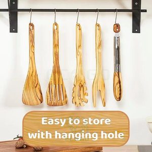 Juego de Utensilios de Cocina de Madera de Olivo y Bambú Natural Antiadherentes, 5 Piezas, Diseño Sostenible, Seguro para Alimentos, Antideslizante, con Ranuras para los Dedos - Product Image 6