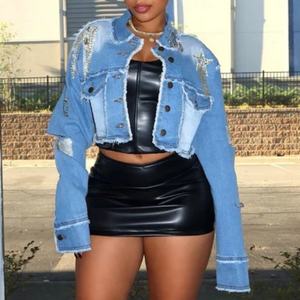 Nouvelle Veste en Jean pour Femme, Style Tendance avec Chaîne de Perles, Col Rabattu, Coupe Courte, Effet Déchiré - Product Image 1