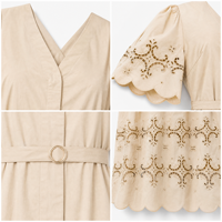 Robe longue décontractée pour femme, beige, col en V, broderie ajourée, taille naturelle, 100% coton, avec ceinture et ourlet festonné, idéale pour les vacances