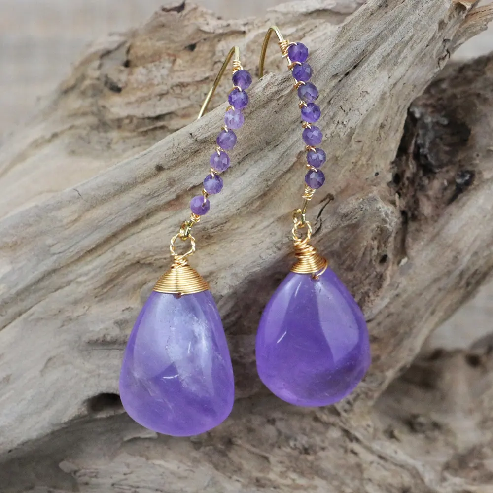 LS-D1304 Natural Amethyst Pendant Wire Capped Amethyst Beads Earring
