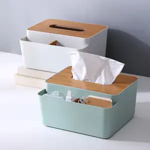 Sesame Free Sample Home Plastic Storage Organizer Box Phone Desktop Holder Tissue Box With Wooden Lid