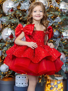Nouvelle Robe d'Été Princesse <span class=keywords><strong>Rouge</strong></span> à Paillettes et Motif Floral pour Enfants, Taille Petite à Moyenne, Style Doux avec Nœud pour Noël - Product Image 6