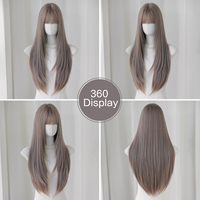 Perruque synthétique longue et droite, dégradée, violet clair, réglable, sans colle, 28 pouces, cheveux brun mat naturel, résistante à la chaleur, avec frange