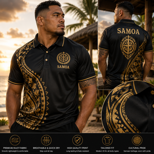 Camiseta polo con diseño tribal samoano dorado, tejido transpirable, antiarrugas, de secado rápido y con logotipo personalizado. - Product Image 1