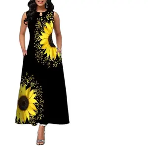 Ladies Sleeveless Long Dress Plus Size Women's Office Print Swing Skirt Bohemian Retro Casual Dress