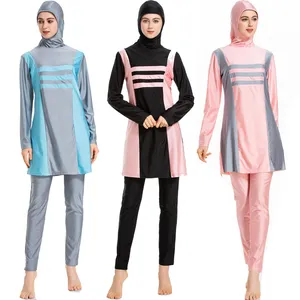 ملابس سباحة للنساء المسلمات بمقاسات كبيرة وألوان متطابقة بأكمام طويلة من الأعلى والسراويل ملابس سباحة تانكيني من 3 قطع
