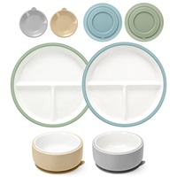 Nouvelle Tendance Vaisselle en Porcelaine pour Enfants Assiette et Bol en Céramique Rond avec Manchon en Silicone et Base Ventouse pour Bébés et Tout-Petits