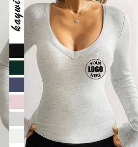 Chemises à manches longues pour femmes, style Y2K, 92% viscose, 8% élasthanne, col en V, tricot côtelé, ajustées, basiques, pour l'automne - Product Image 1