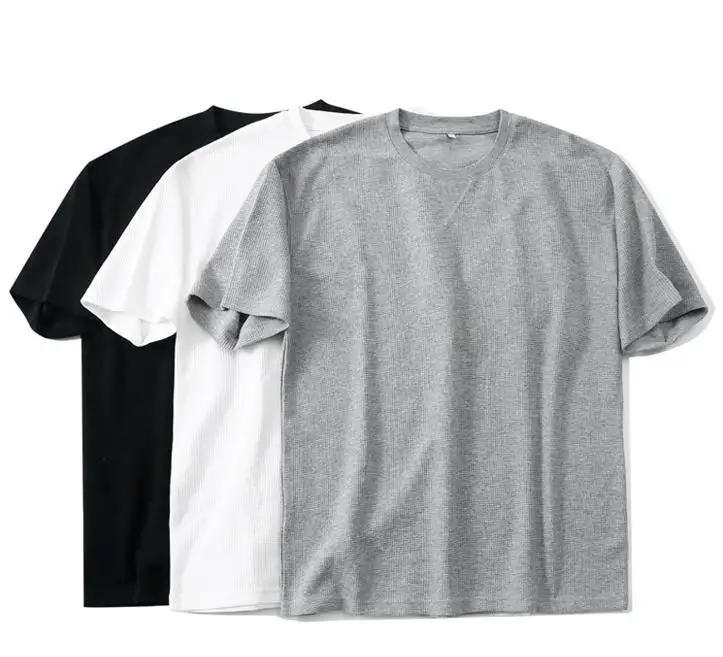 2024 Waffel Strick T-Shirts Benutzer definierte Kurzarm Soft Blank Solid Overs ized Baumwolle Waffel T-Shirt Männer