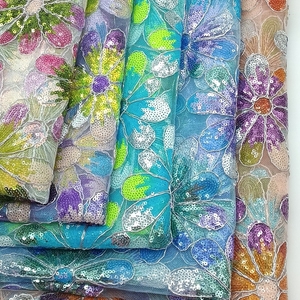 Tissu en maille à sequins brodés à motif Ramage multicolore brillant haut de gamme, respirant, durable et à séchage rapide pour vêtements et décoration intérieure - Product Image 6