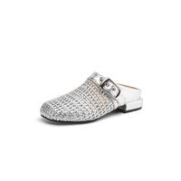 Chaussures plates de créateur, mode, tissage, pantoufles pour femmes, été 2025, nouvelle collection, bout rond, boucle de ceinture, mules, talons argentés, sandales pour femmes, taille 43