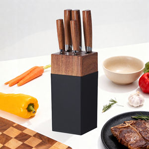 6-टुकड़ा स्टेनलेस स्टील रसोई चाकू लकड़ी के हैंडल काले ब्लेड भंडारण ब्लॉक के साथ सेट-टिकाऊ द्वितीदार डिजाइन - Product Image 3