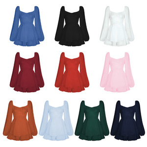 Combinaison trapèze unie pour femme, sexy, à manches lanternes longues, volantée, col en V, courte, en maille tricotée - Product Image 2