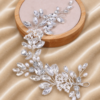 Serre-tête de mariée en cristal argenté fait main de 22 cm, avec strass, perles et feuilles, réglable, accessoire de cheveux de mariage