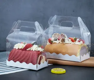 日式一次性长方形透明宠物长蛋糕盒，带手柄，用于甜点烘焙包装