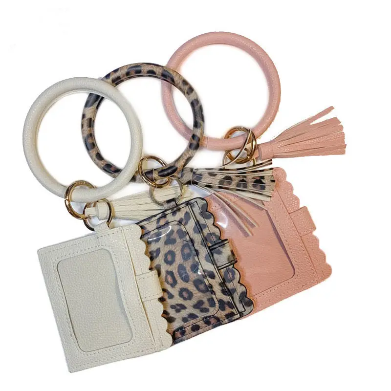 Key Ring Bangle Purse Designer Leopard Card Holder Leather Wristlet Tassel Keychain Wallet