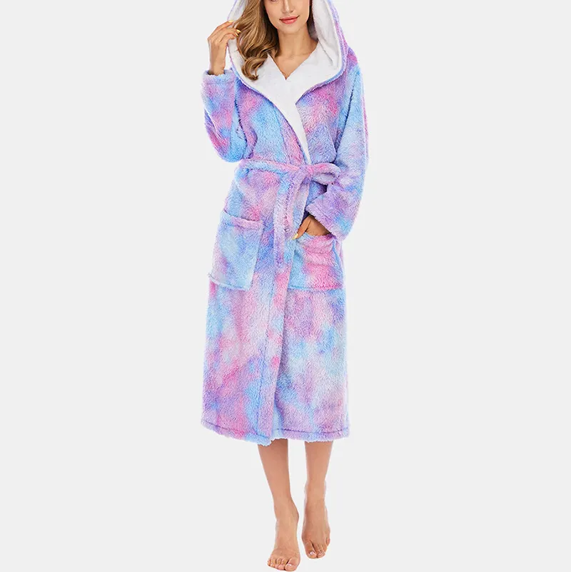 Phụ Nữ Tie Dye Belted Trùm Đầu Dài Ấm Dày Mùa Đông Lỏng Quần Áo Ngủ San Hô Fleece Tắm Cô Dâu Áo