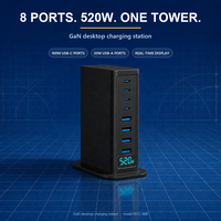 Chargeur GaN 520W multi-ports 8 ports avec écran, 4C PD100W 4A QC30W, PPS PD QC, charge rapide pour ordinateur portable et appareil photo