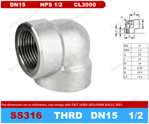 ข้อต่อท่อแรงดันสูง 3000 ปอนด์ ผลิตจากเหล็กกล้าไร้สนิม 316L เกลียว NPT/เกลียวต่อ  ข้อต่อโค้ง 90 องศา เกลียวต่อ DN15 NPS 1/2 นิ้ว - Product Image 3