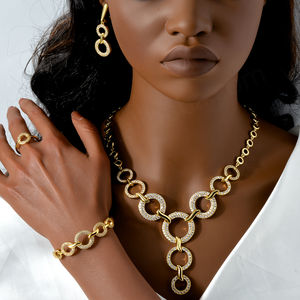 Ensemble de bijoux de mariée plaqué or 14 carats de style Dubaï avec boucles d'oreilles et collier en zircon pour femmes, occasions de fête et de mariage - Product Image 1