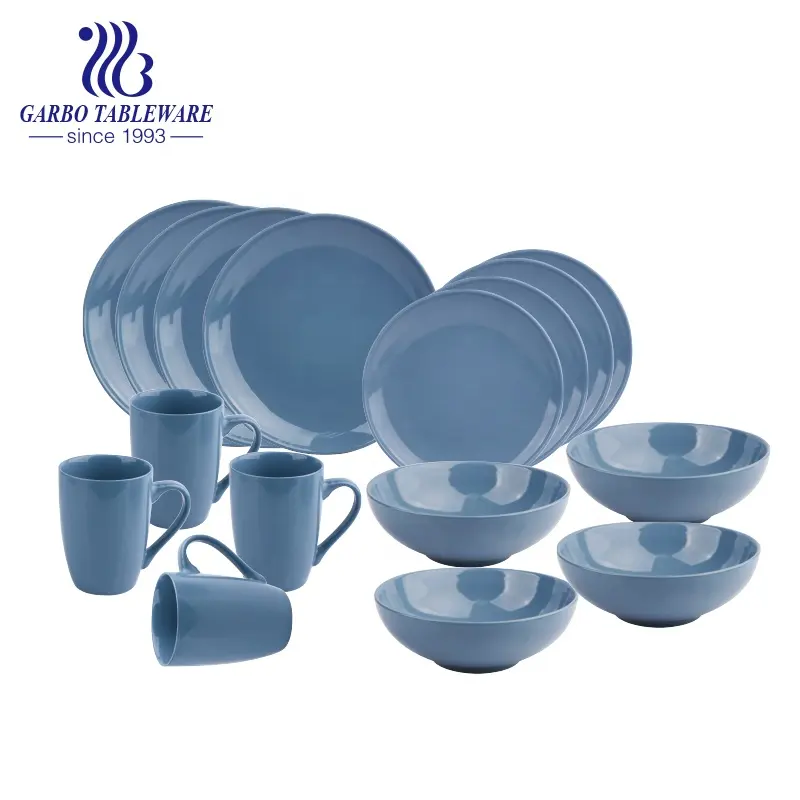 China Fabrik billig blaue Farbe glasiert neue Bone China Geschirr Porzellan Geschirr 16 Stück Keramik Geschirr Sets