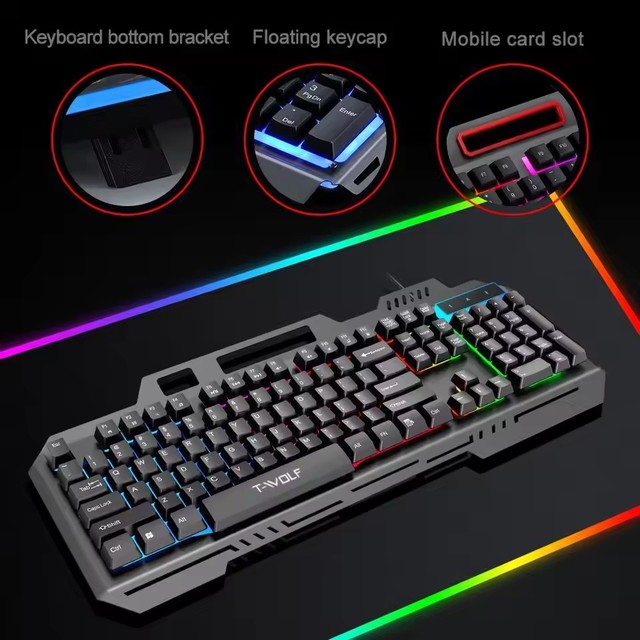 Wired Gamer Keyboards With Phone Holder Metal Medium Plate Computer USB Computer Installation 104 Mute Buttons With Backlight
