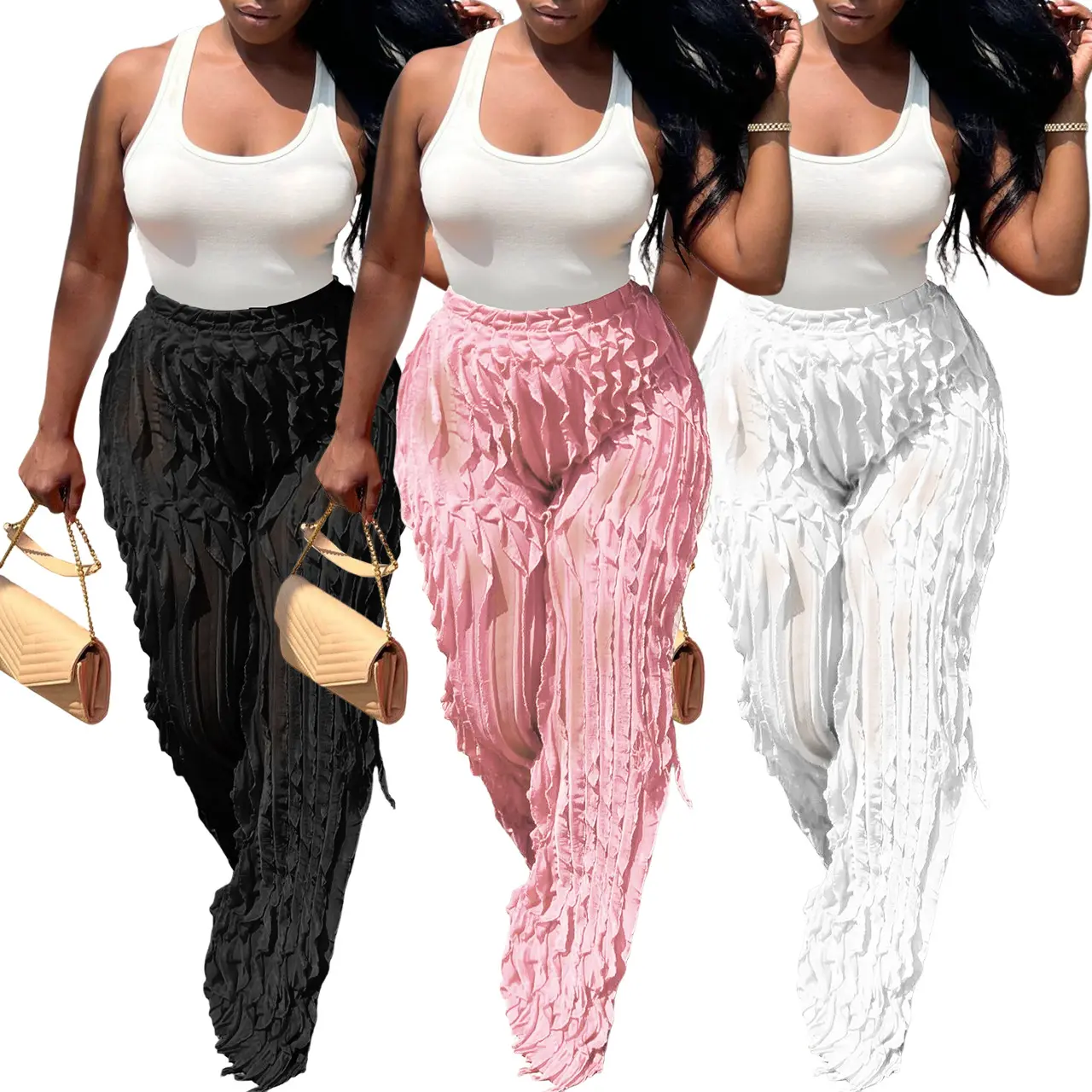New arrivals pattern see-through high-waisted wide-leg pants solid color fashion lady trendy bottom trousers