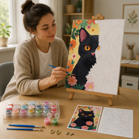 Kit de peinture par numéros encadré personnalisé, chat noir mignon et fleurs, toile tendue, peinture acrylique DIY par numéros pour adultes débutants